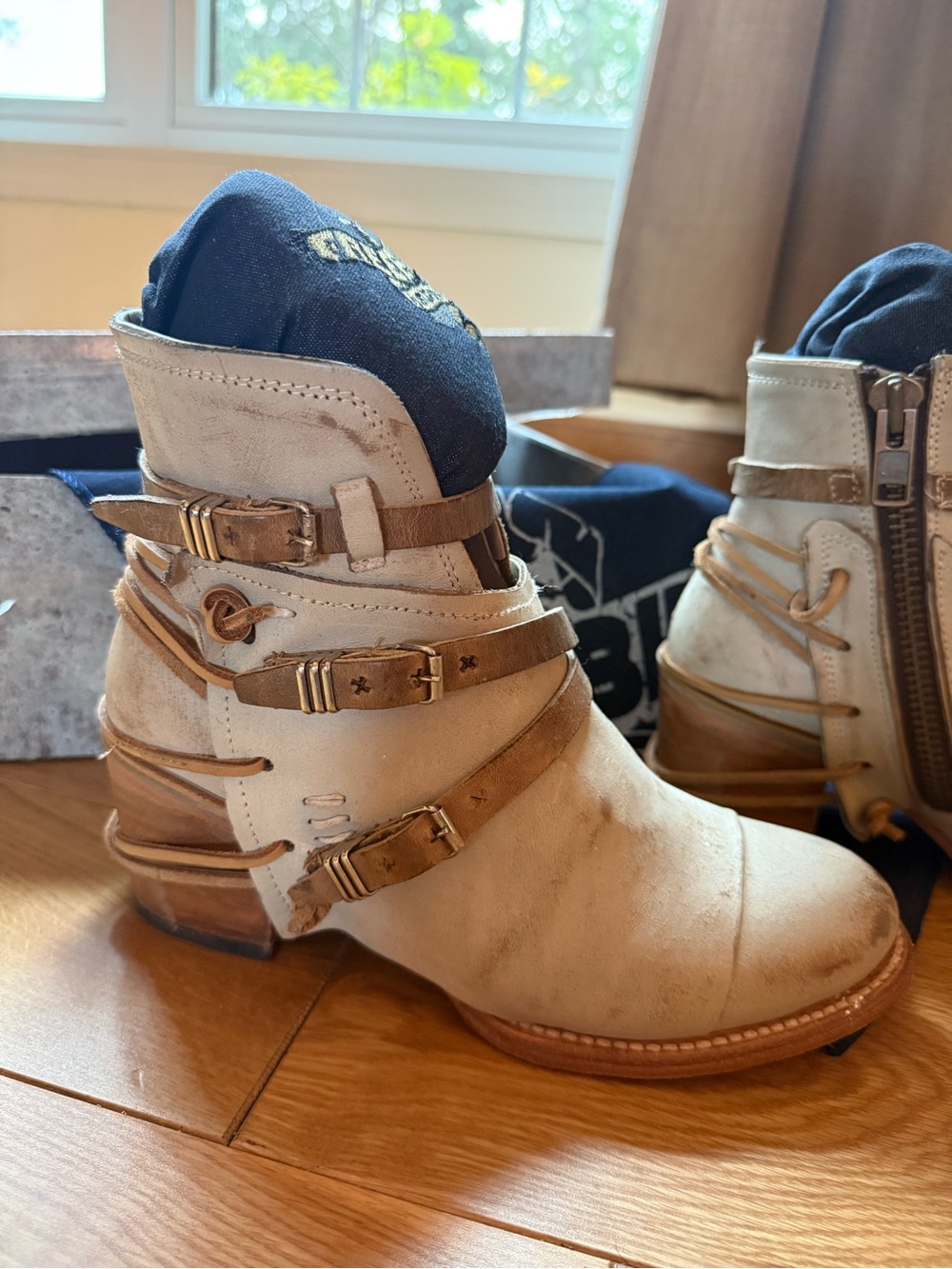 Freebird CRUE Strappy Ice Cream Leather Ankle Boots with Tan Strap Accents